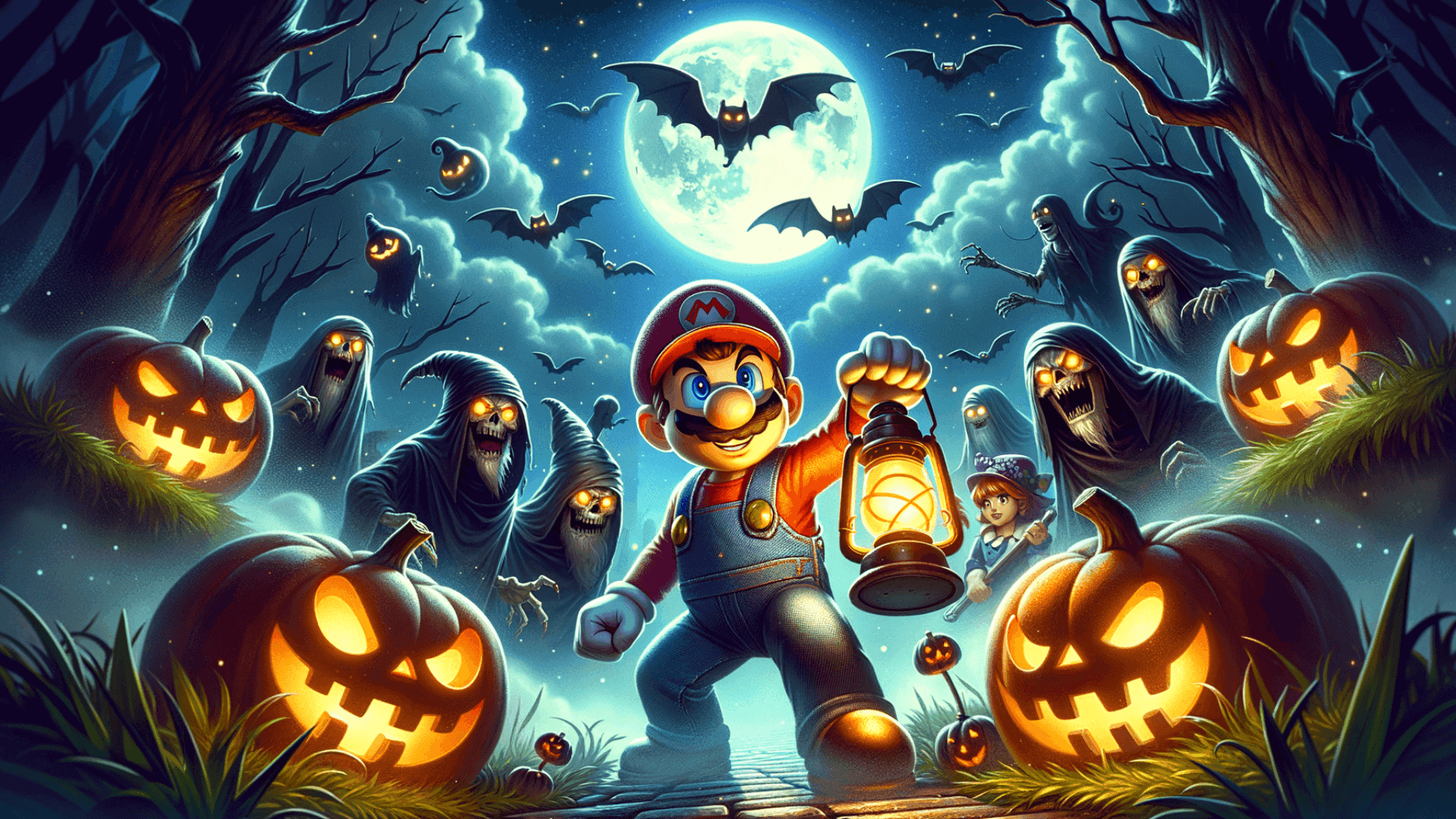 Mario holding a lantern among halloween pumpkins and strange creatures