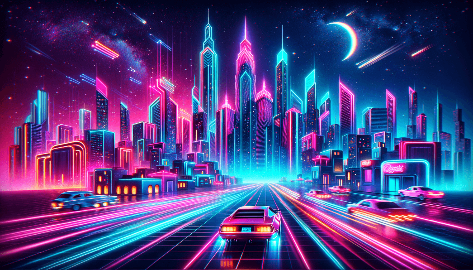 Neon city and car on the road