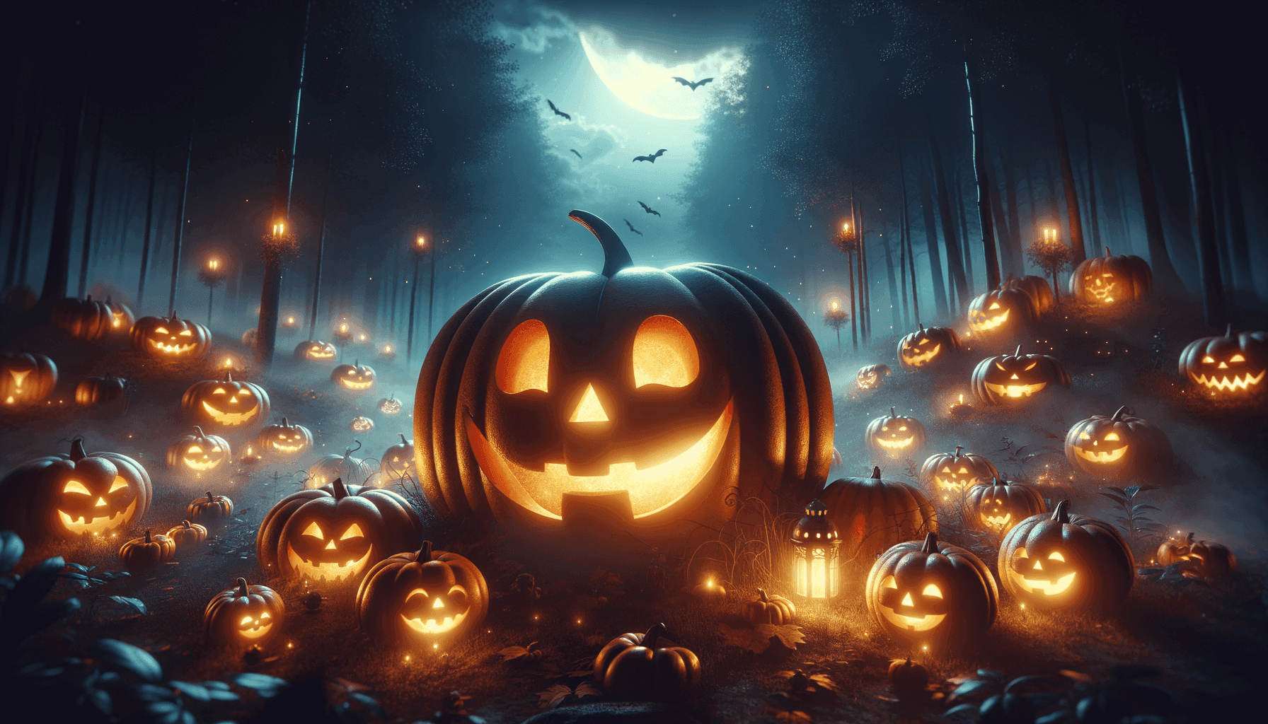 Halloween scene with pumpkins glowing in the night