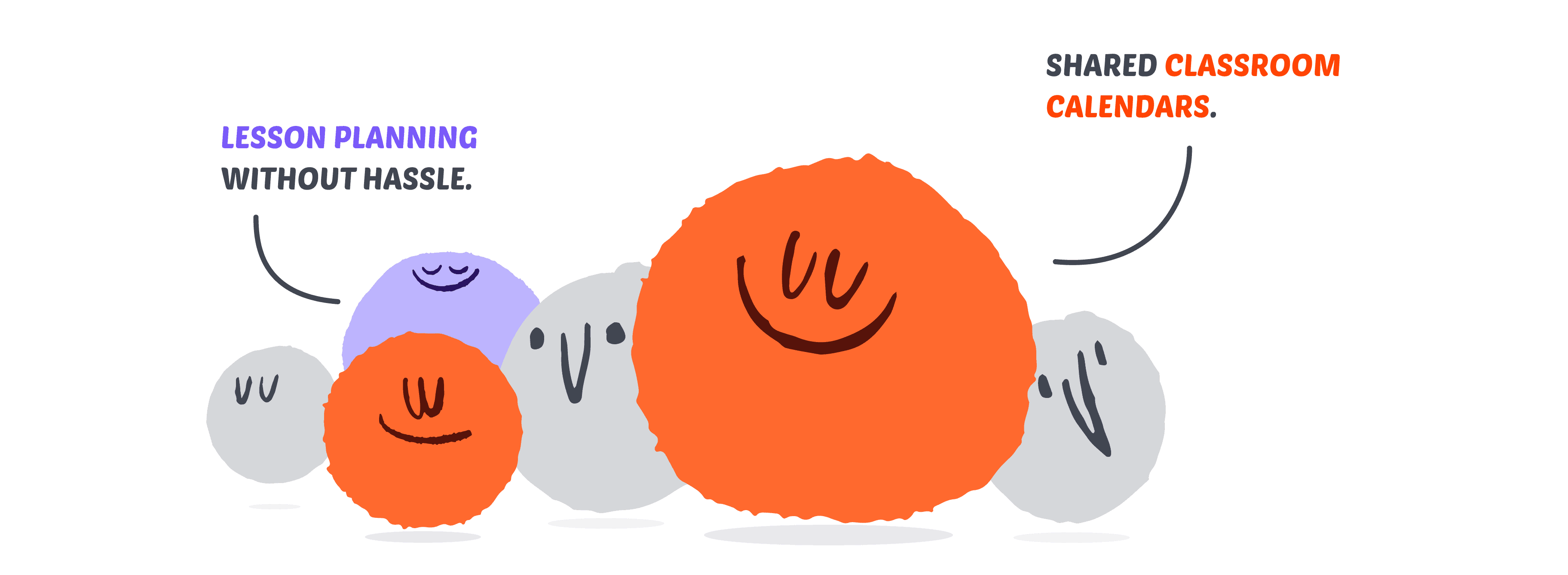 Playful hand-drawn characters in orange, lavender, and gray on a dark background