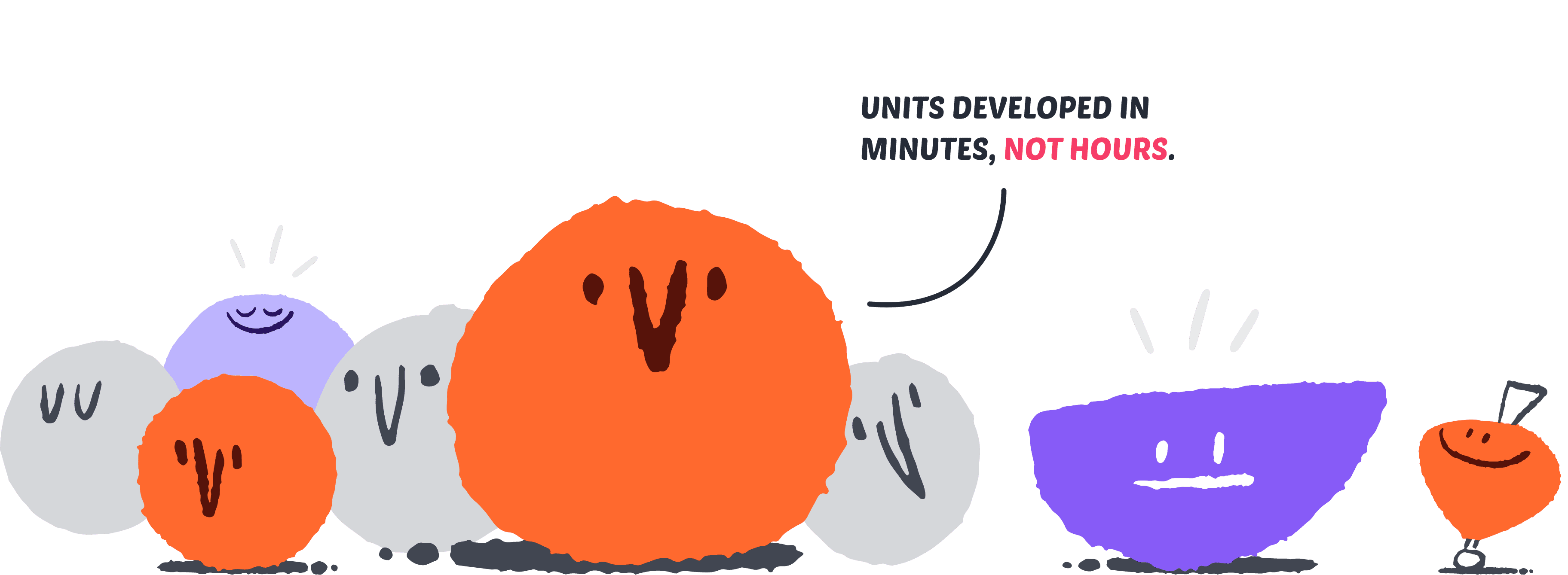 Playful hand-drawn characters in orange, lavender, and gray on a dark background