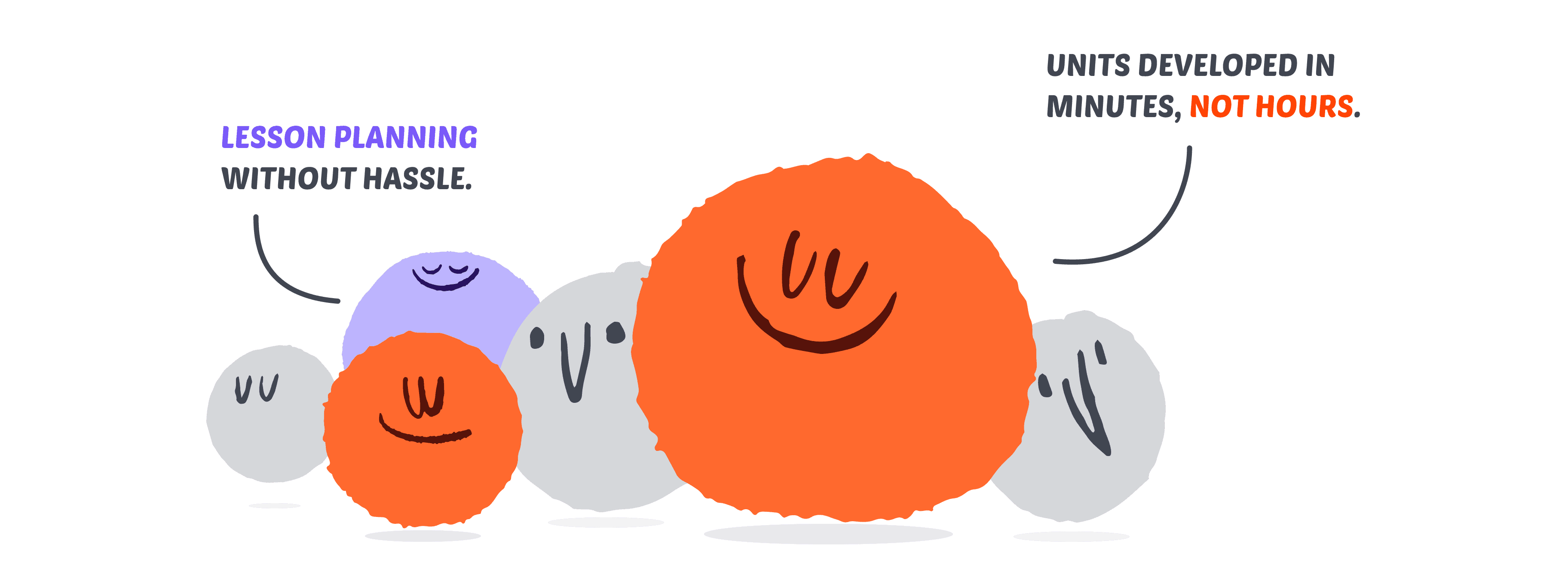 Playful hand-drawn characters in orange, lavender, and gray on a dark background