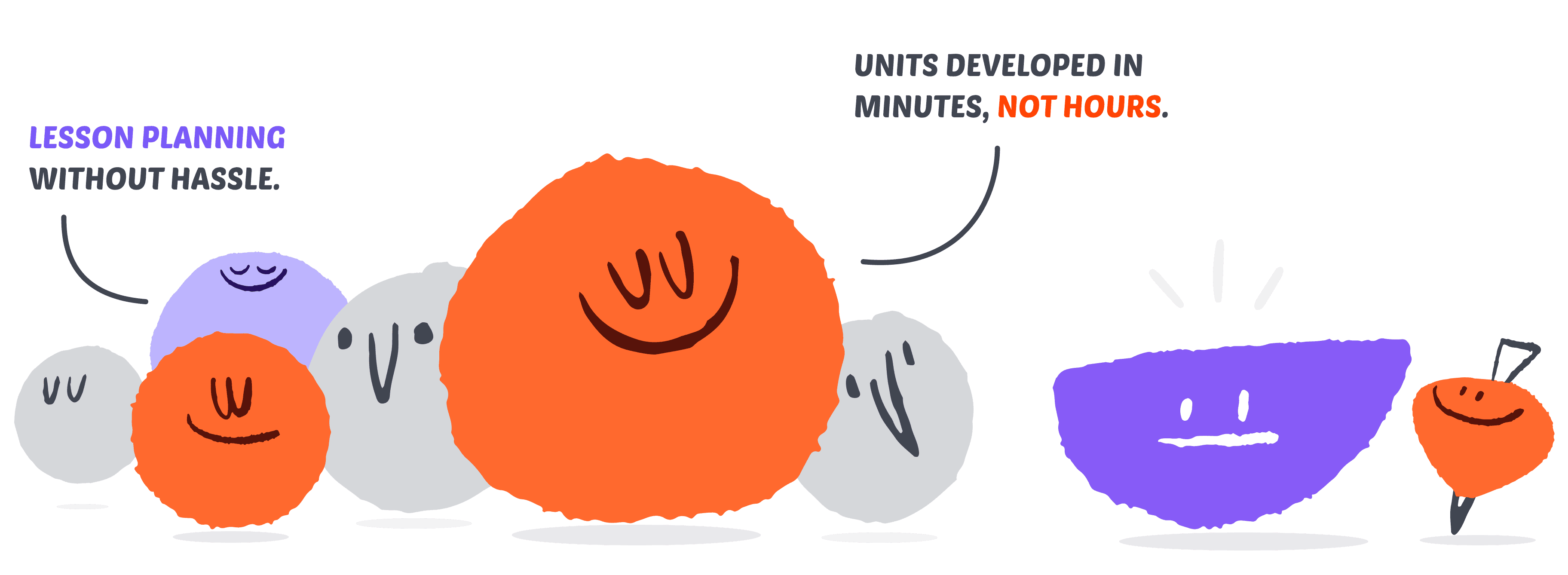 Playful hand-drawn characters in orange, lavender, and gray on a dark background